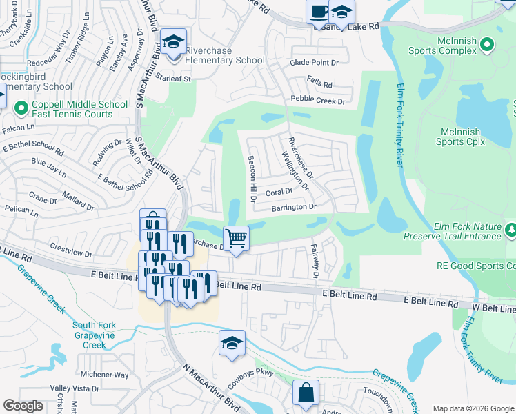 map of restaurants, bars, coffee shops, grocery stores, and more near 1306 Barrington Drive in Coppell