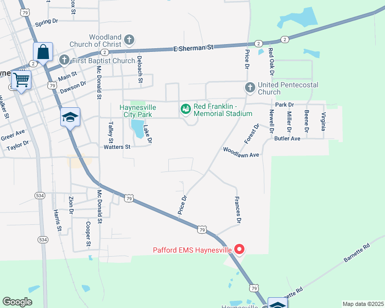 map of restaurants, bars, coffee shops, grocery stores, and more near 2767 Country Club Drive in Haynesville