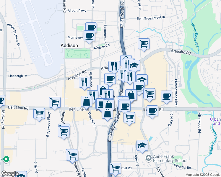 map of restaurants, bars, coffee shops, grocery stores, and more near 15201 Dallas Parkway in Addison