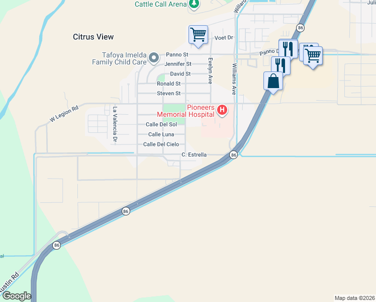 map of restaurants, bars, coffee shops, grocery stores, and more near 225 West Legion Road in Brawley