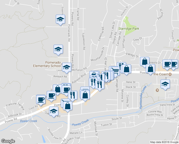 map of restaurants, bars, coffee shops, grocery stores, and more near 13249 Ridgedale Drive in Poway