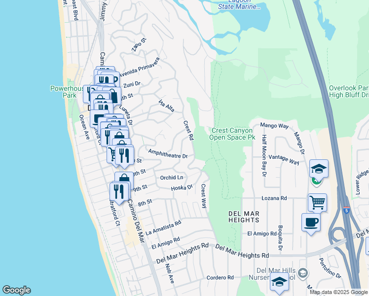map of restaurants, bars, coffee shops, grocery stores, and more near 1095 Klish Way in Del Mar