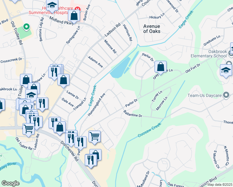 map of restaurants, bars, coffee shops, grocery stores, and more near 164 Hummingbird Avenue in Ladson