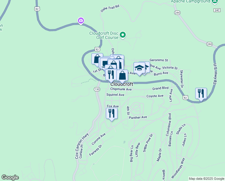 map of restaurants, bars, coffee shops, grocery stores, and more near 110 Squirrel Avenue in Cloudcroft