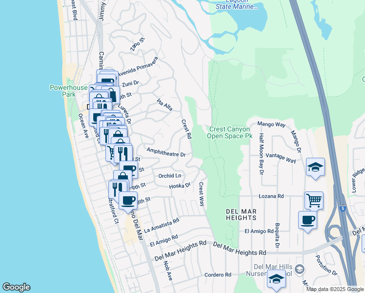 map of restaurants, bars, coffee shops, grocery stores, and more near 1095 Klish Way in Del Mar