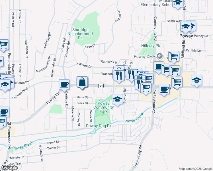 map of restaurants, bars, coffee shops, grocery stores, and more near 13052 Poway Road in Poway