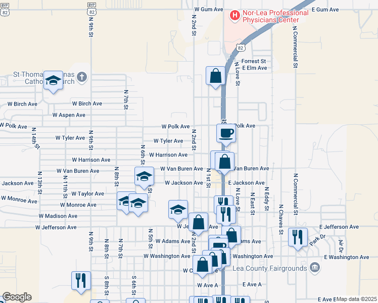 map of restaurants, bars, coffee shops, grocery stores, and more near 204 West Harrison Avenue in Lovington