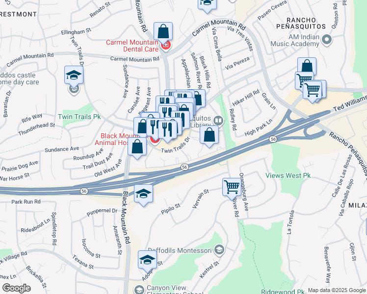 map of restaurants, bars, coffee shops, grocery stores, and more near 9428 Twin Trails Drive in San Diego