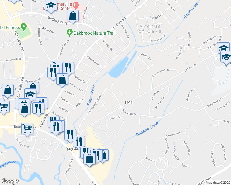 map of restaurants, bars, coffee shops, grocery stores, and more near 163a Hummingbird Avenue in Ladson