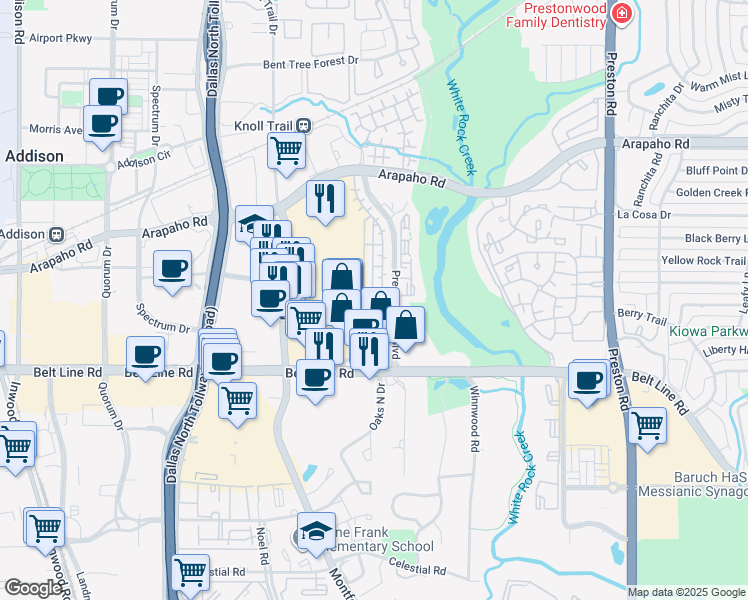map of restaurants, bars, coffee shops, grocery stores, and more near 5515 Estancia Circle in Dallas