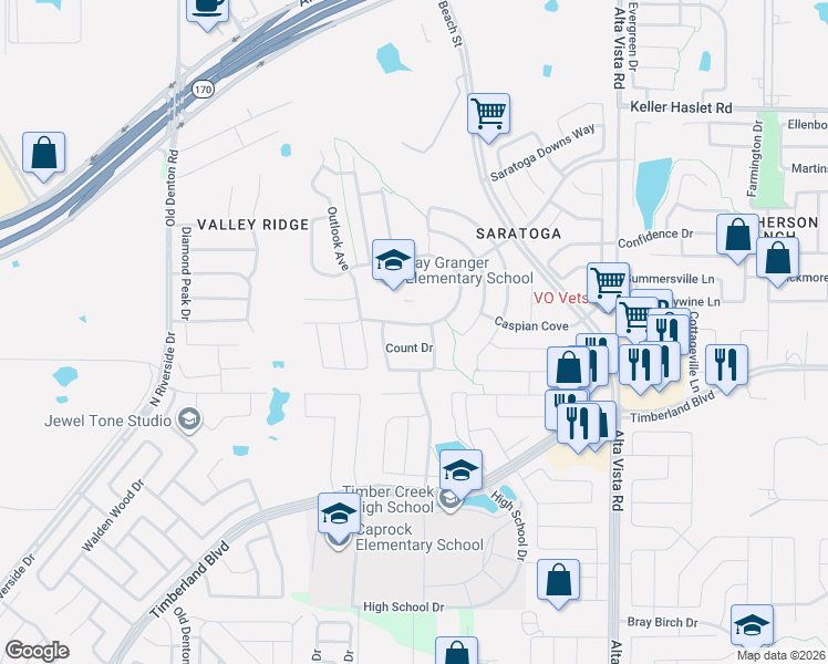 map of restaurants, bars, coffee shops, grocery stores, and more near 12560 Saratoga Springs Circle in Fort Worth