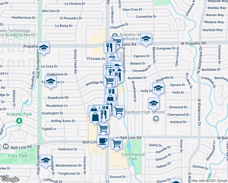 map of restaurants, bars, coffee shops, grocery stores, and more near 400 North Coit Road in Richardson