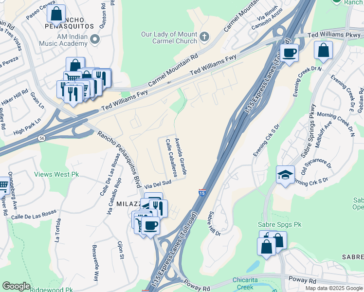 map of restaurants, bars, coffee shops, grocery stores, and more near 13135 Avenida Grande in San Diego