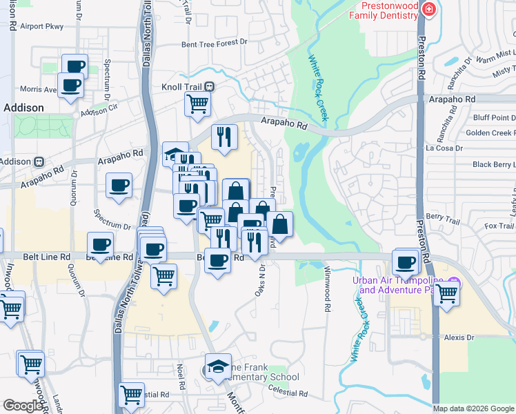 map of restaurants, bars, coffee shops, grocery stores, and more near 5515 Estancia Circle in Dallas