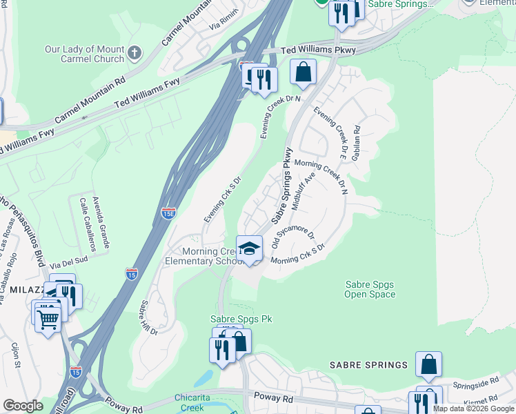 map of restaurants, bars, coffee shops, grocery stores, and more near 13175 Wimberly Square in San Diego