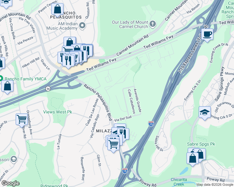 map of restaurants, bars, coffee shops, grocery stores, and more near 13185 Calle de los Ninos in San Diego