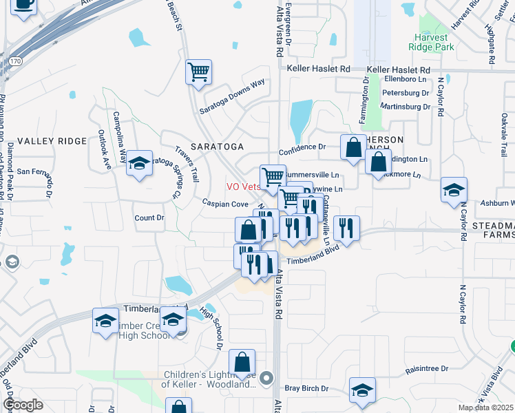 map of restaurants, bars, coffee shops, grocery stores, and more near 3544 Caspian Cove in Fort Worth