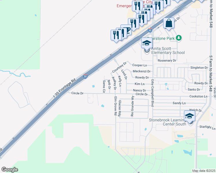 map of restaurants, bars, coffee shops, grocery stores, and more near 1617 Bob Drive in Royse City
