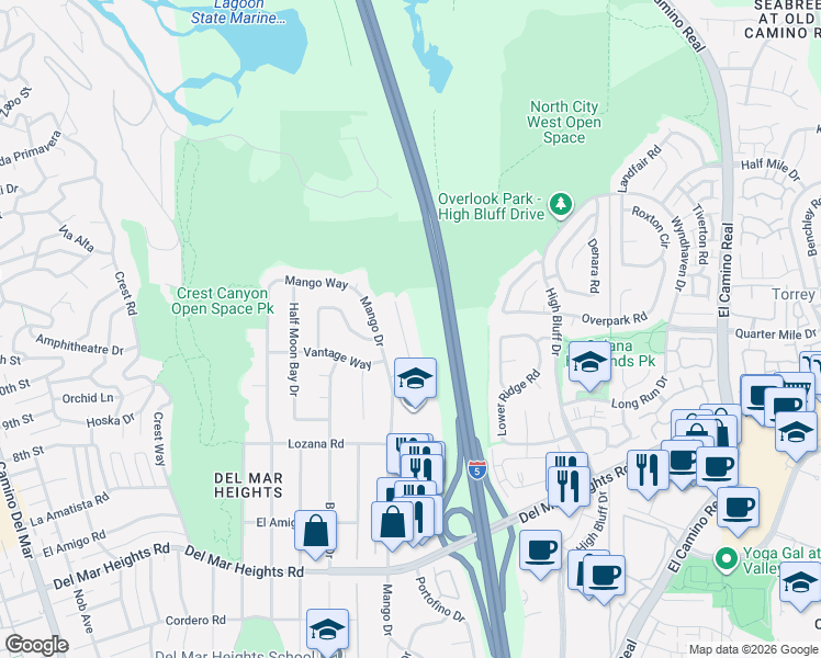 map of restaurants, bars, coffee shops, grocery stores, and more near 14235 Minorca Cove in Del Mar