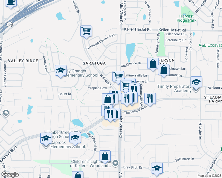 map of restaurants, bars, coffee shops, grocery stores, and more near 3544 Caspian Cove in Fort Worth