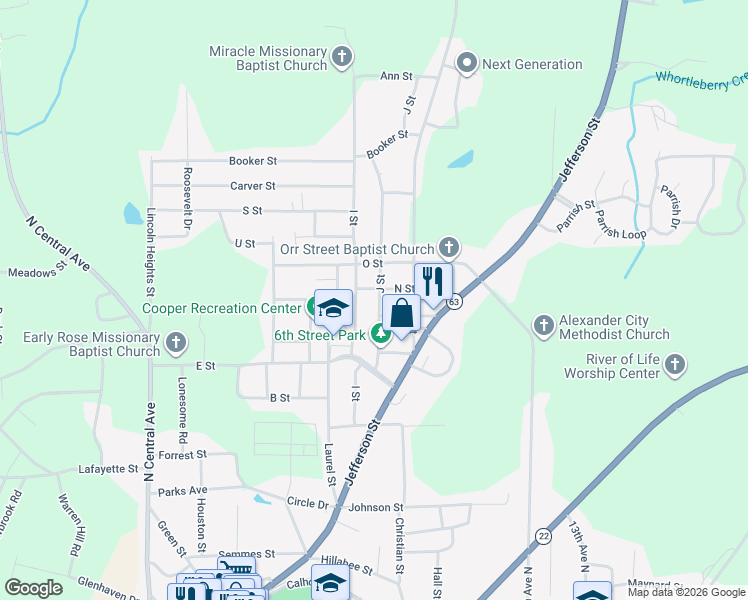 map of restaurants, bars, coffee shops, grocery stores, and more near 941 J Street in Alexander City