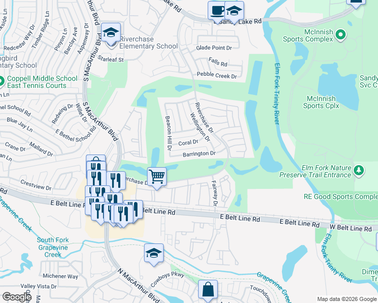 map of restaurants, bars, coffee shops, grocery stores, and more near 1330 Barrington Drive in Coppell