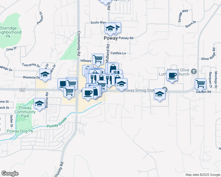 map of restaurants, bars, coffee shops, grocery stores, and more near 13624 Poway Road in Poway
