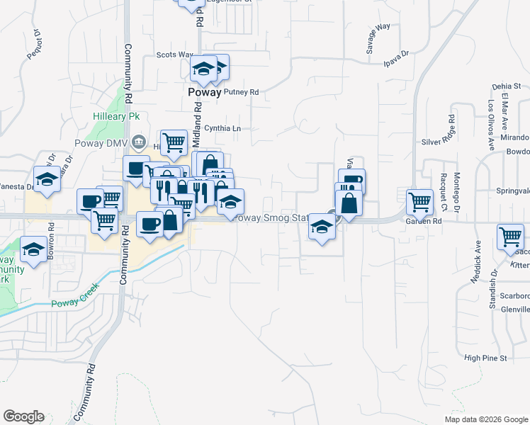 map of restaurants, bars, coffee shops, grocery stores, and more near 13830 Poway Road in Poway