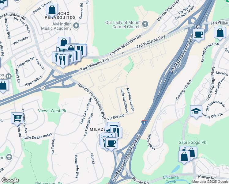 map of restaurants, bars, coffee shops, grocery stores, and more near 13153 Avenida Del General in San Diego