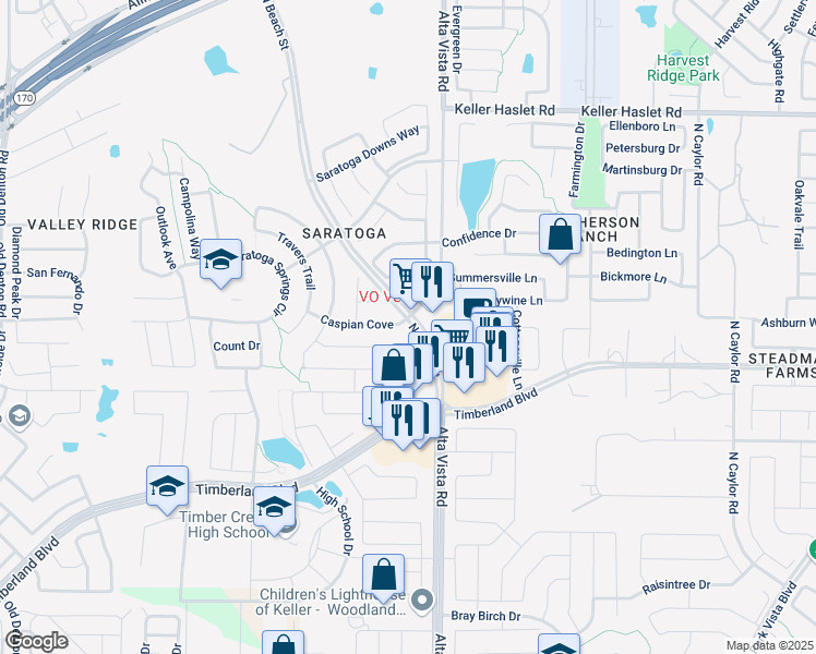 map of restaurants, bars, coffee shops, grocery stores, and more near 3544 Caspian Cove in Fort Worth