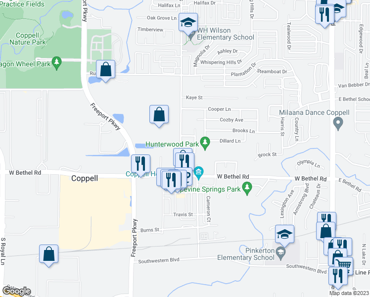 map of restaurants, bars, coffee shops, grocery stores, and more near 560 South Coppell Road in Coppell
