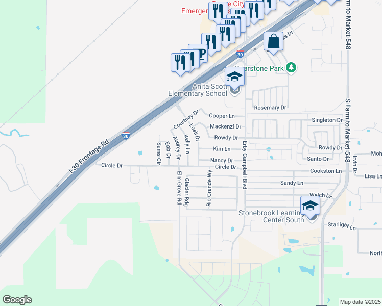 map of restaurants, bars, coffee shops, grocery stores, and more near 1624 Kelly Lane in Royse City