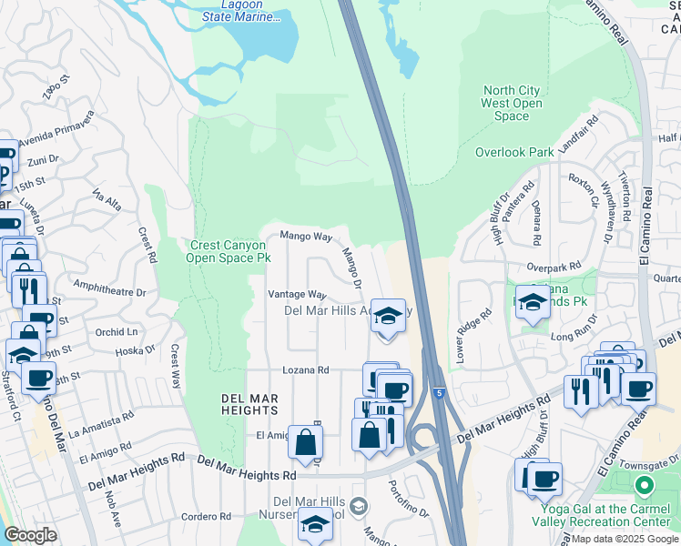 map of restaurants, bars, coffee shops, grocery stores, and more near 2552 Pinewood Street in Del Mar
