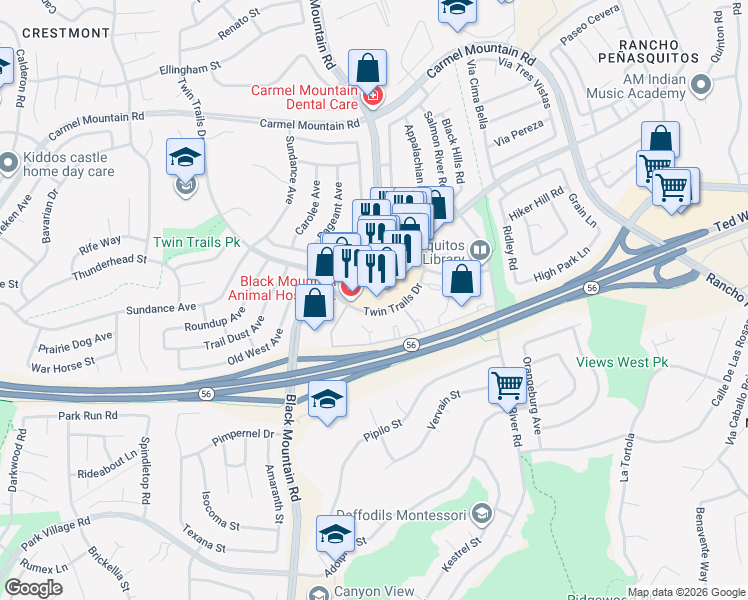 map of restaurants, bars, coffee shops, grocery stores, and more near 13173 Black Mountain Road in San Diego