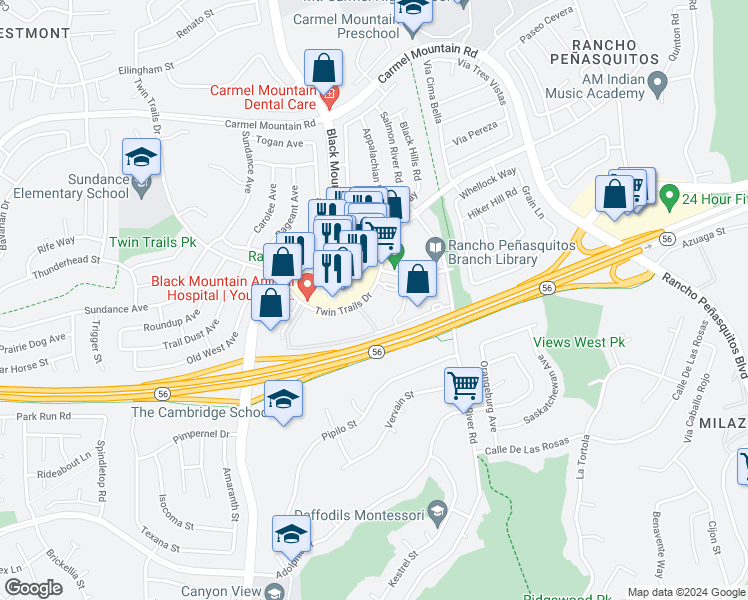 map of restaurants, bars, coffee shops, grocery stores, and more near 9434 Twin Trails Drive in San Diego