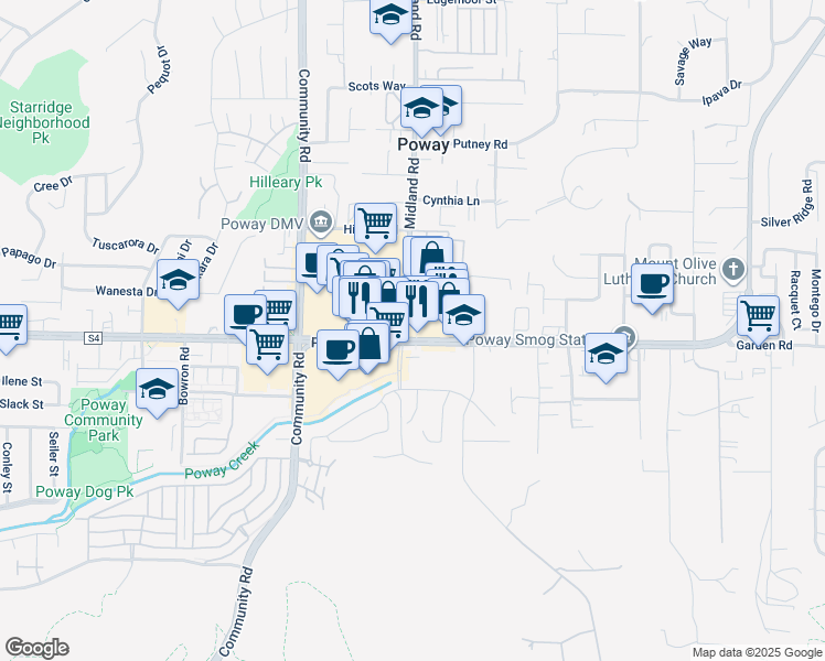 map of restaurants, bars, coffee shops, grocery stores, and more near 13624 Poway Road in Poway