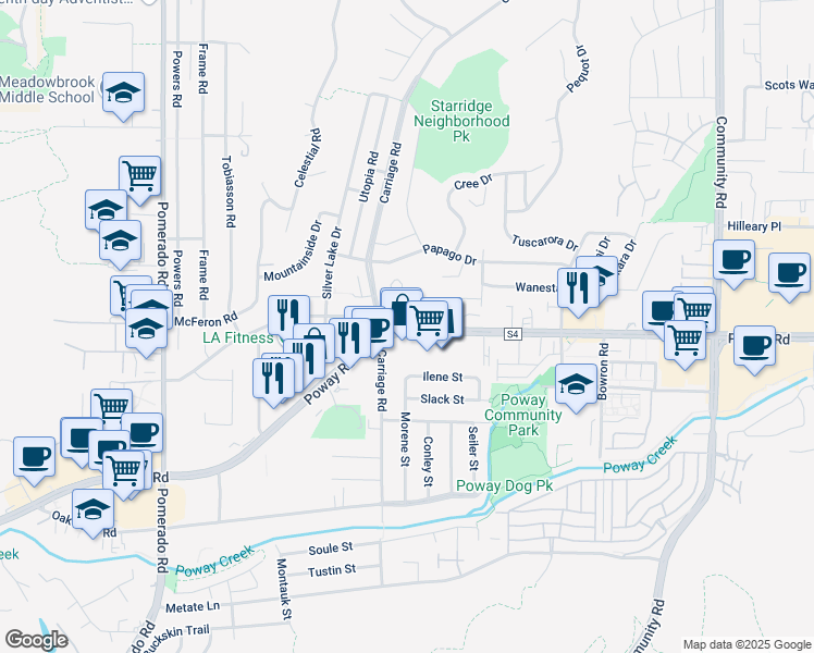 map of restaurants, bars, coffee shops, grocery stores, and more near 12809 Carriage Heights Way in Poway