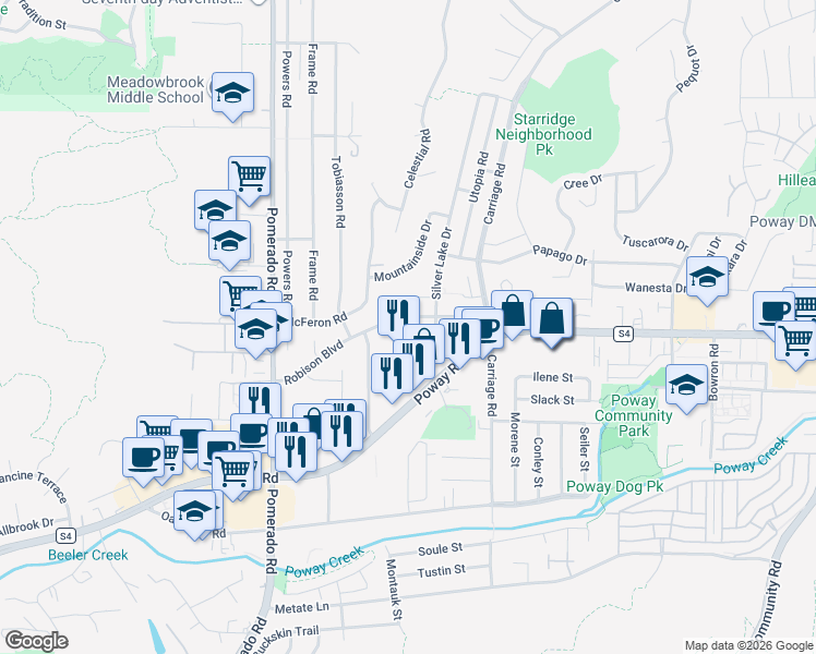 map of restaurants, bars, coffee shops, grocery stores, and more near 12609 Robison Boulevard in Poway
