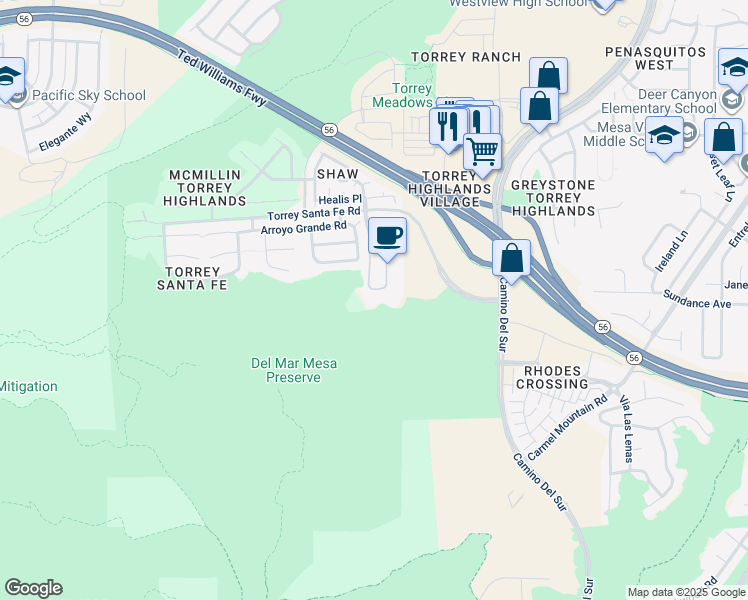 map of restaurants, bars, coffee shops, grocery stores, and more near 7525 Torrey Santa Fe Road in San Diego