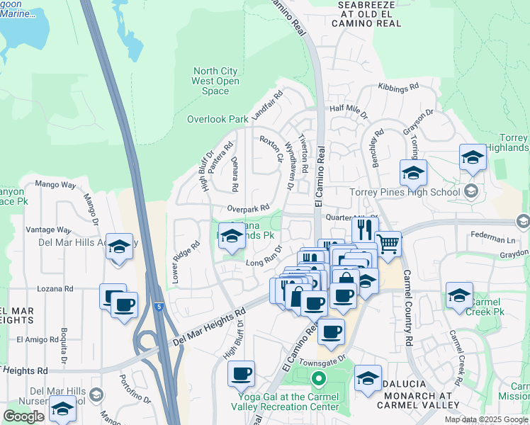 map of restaurants, bars, coffee shops, grocery stores, and more near 3671 Overpark Road in San Diego