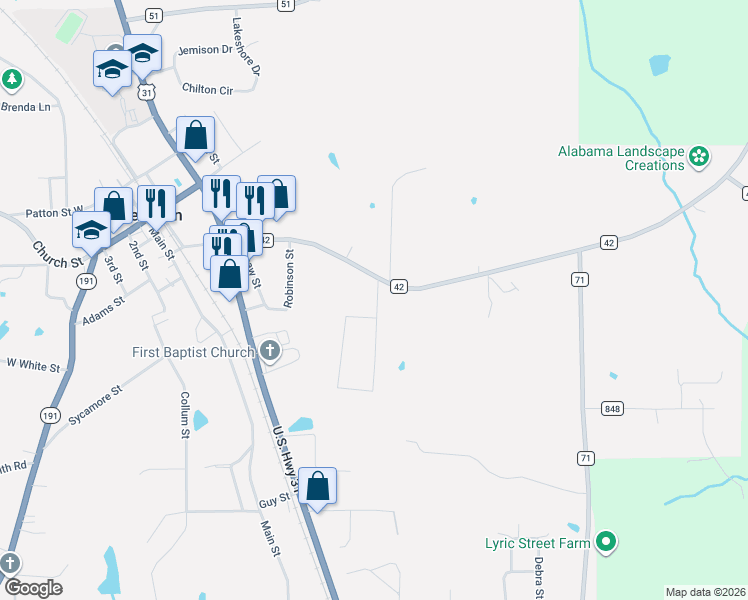 map of restaurants, bars, coffee shops, grocery stores, and more near 9210 County Road 42 in Jemison