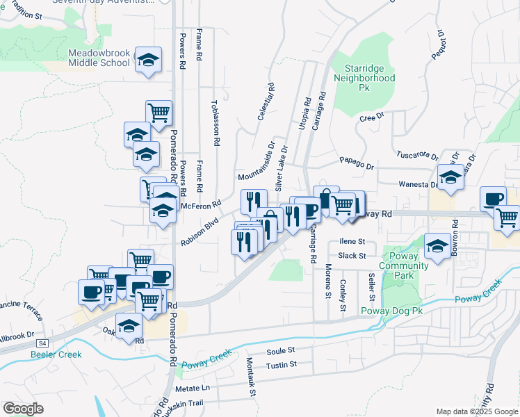 map of restaurants, bars, coffee shops, grocery stores, and more near 12643 Robison Boulevard in Poway