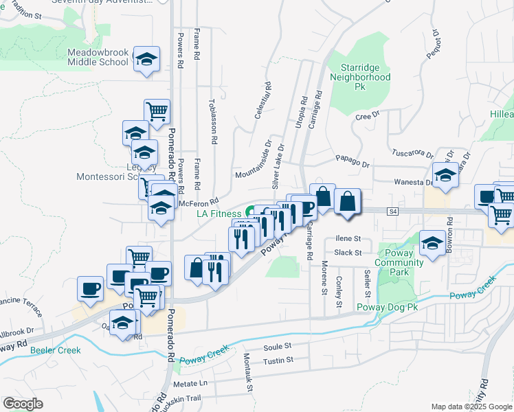 map of restaurants, bars, coffee shops, grocery stores, and more near 12609 Robison Boulevard in Poway