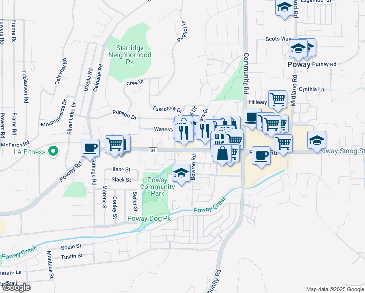 map of restaurants, bars, coffee shops, grocery stores, and more near 13123 Poway Road in Poway