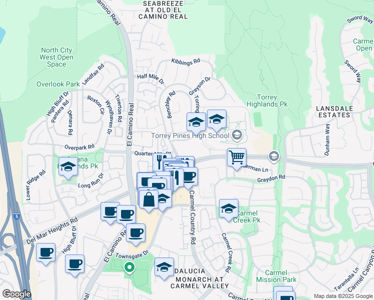 map of restaurants, bars, coffee shops, grocery stores, and more near 13101 Hartfield Avenue in San Diego
