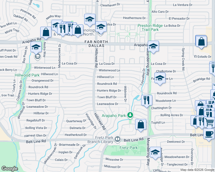 map of restaurants, bars, coffee shops, grocery stores, and more near 7147 Hunters Ridge Drive in Dallas