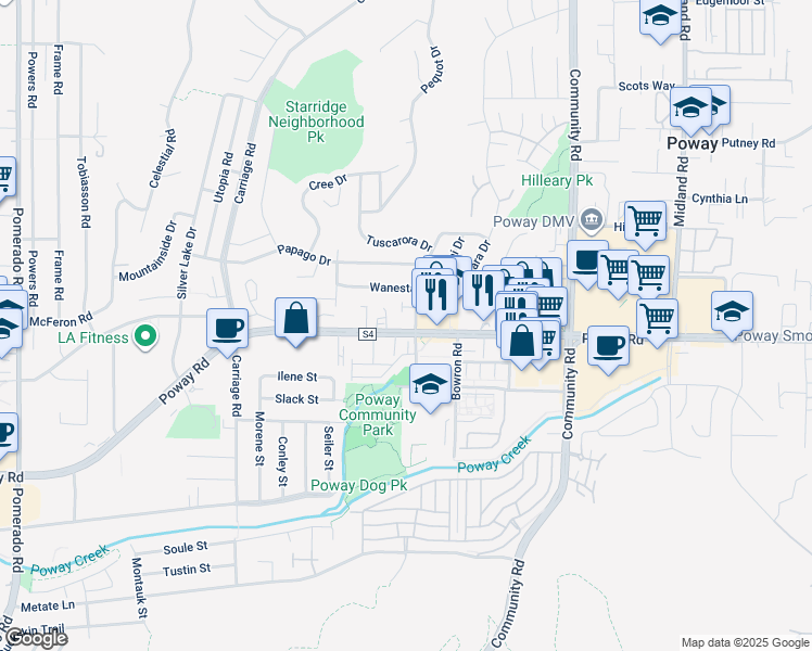map of restaurants, bars, coffee shops, grocery stores, and more near 13098 Poway Road in Poway
