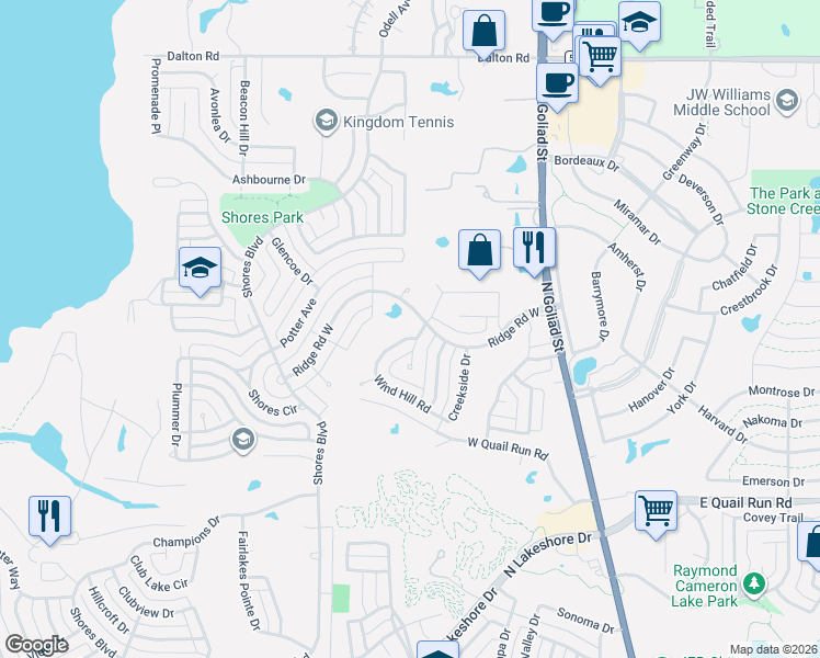 map of restaurants, bars, coffee shops, grocery stores, and more near 1990 Ridge Crest Place in Rockwall