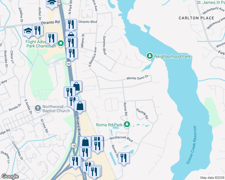 map of restaurants, bars, coffee shops, grocery stores, and more near 94 Monte Sano Drive in Hanahan