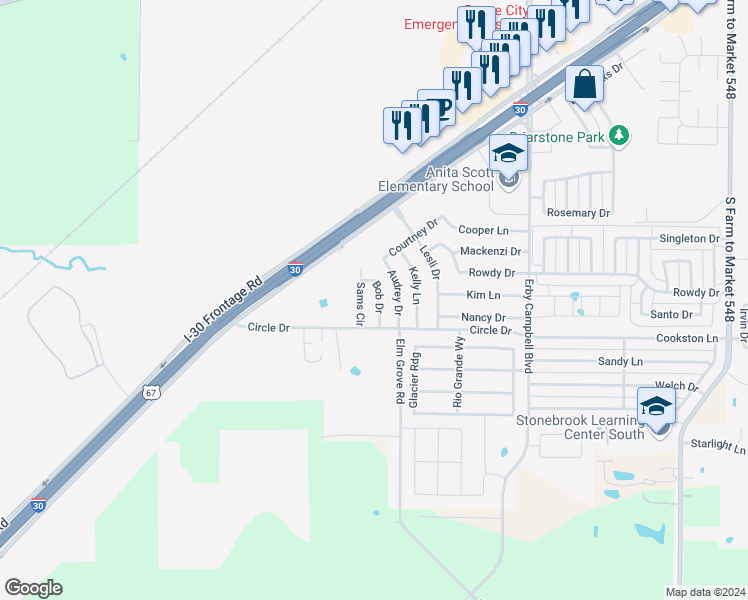 map of restaurants, bars, coffee shops, grocery stores, and more near 1613 Bob Drive in Royse City